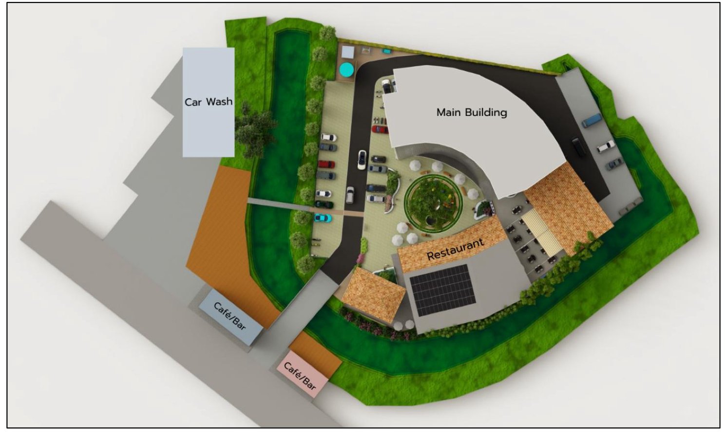 Master plan showing main building, car wash, restaurant and cafe bar